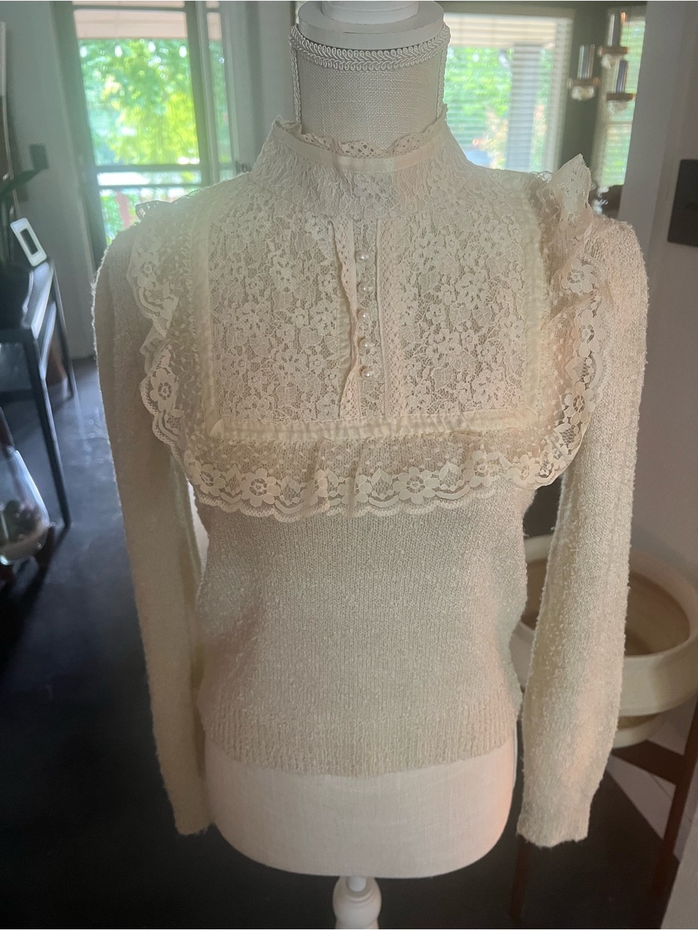 Lace-Yoke Cream Long-Sleeve Knit Top by